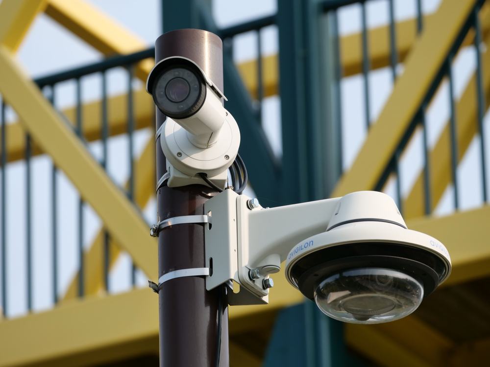 Security camera mounted on a commercial building
